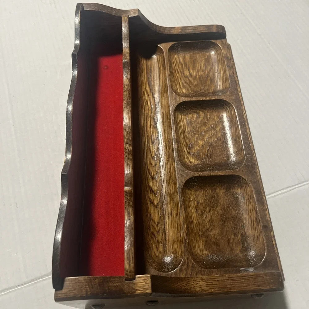 MidCentury Wooden Men's Valet Dresser Top Jewelry Organizer Red Velvet Lining
